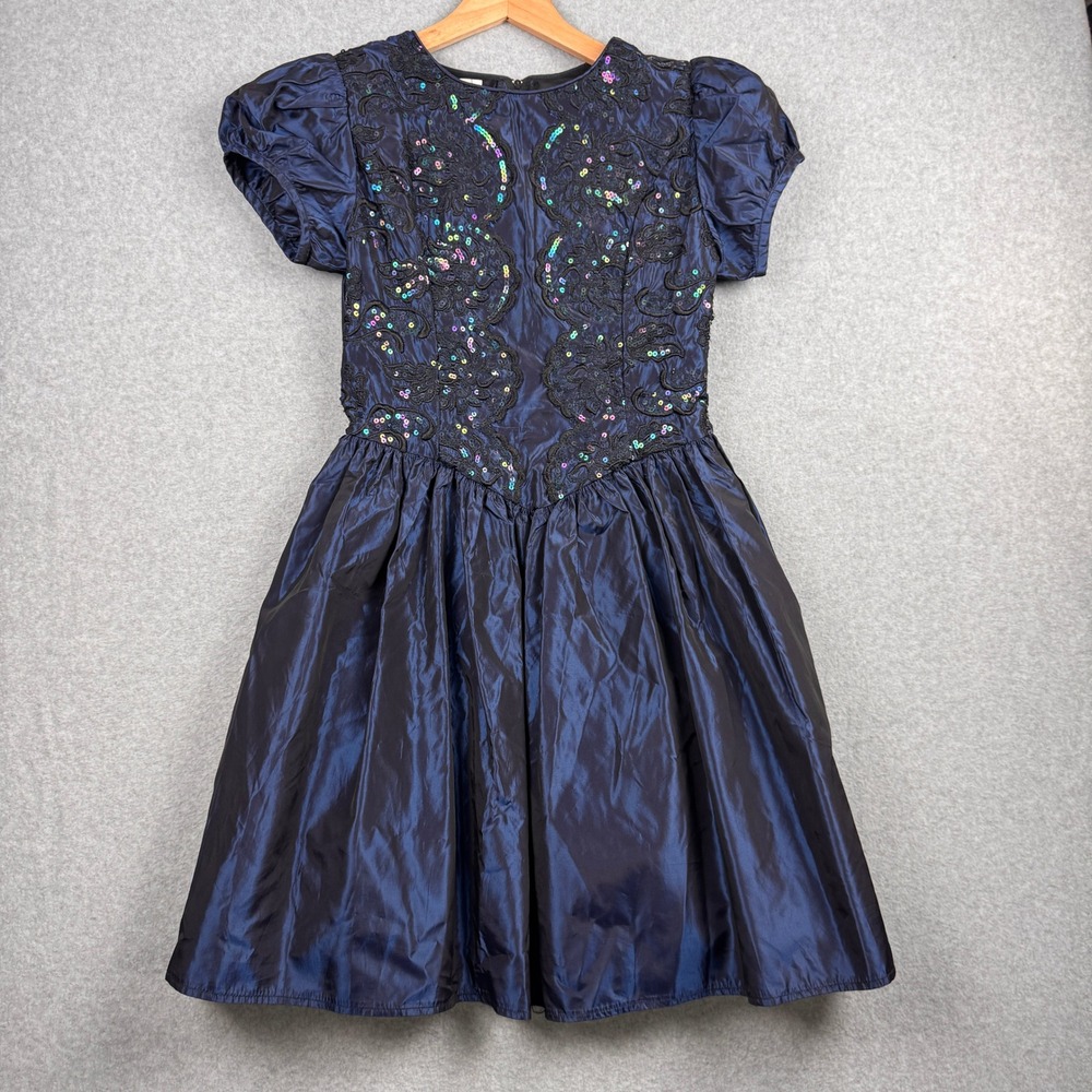 VTG Jessica McClintock Gunne Sax Dress Womens 14 Navy Blue Sequin Party 80s Prom